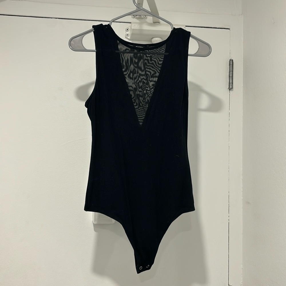 Black body suit with mesh in front and back